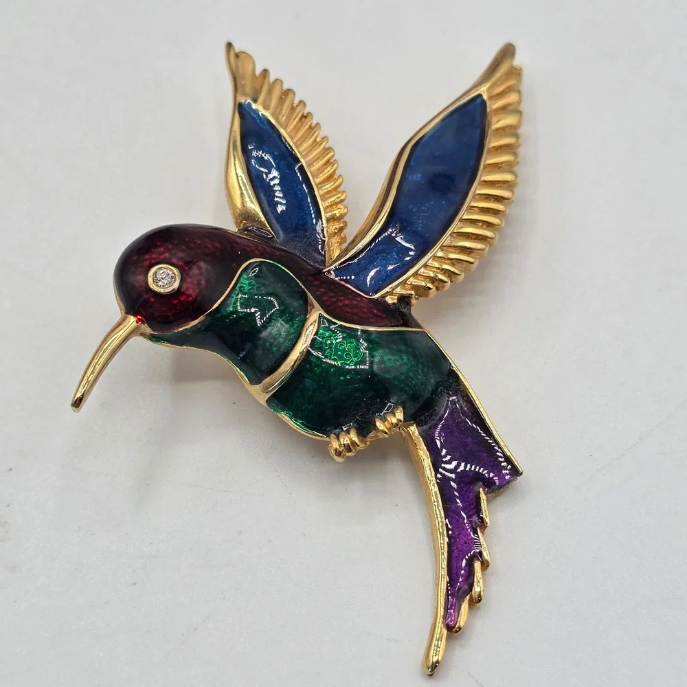 Vintage Style Enamel Hummingbird Brooch Gold Tone Multicolor Bird Pin Unique